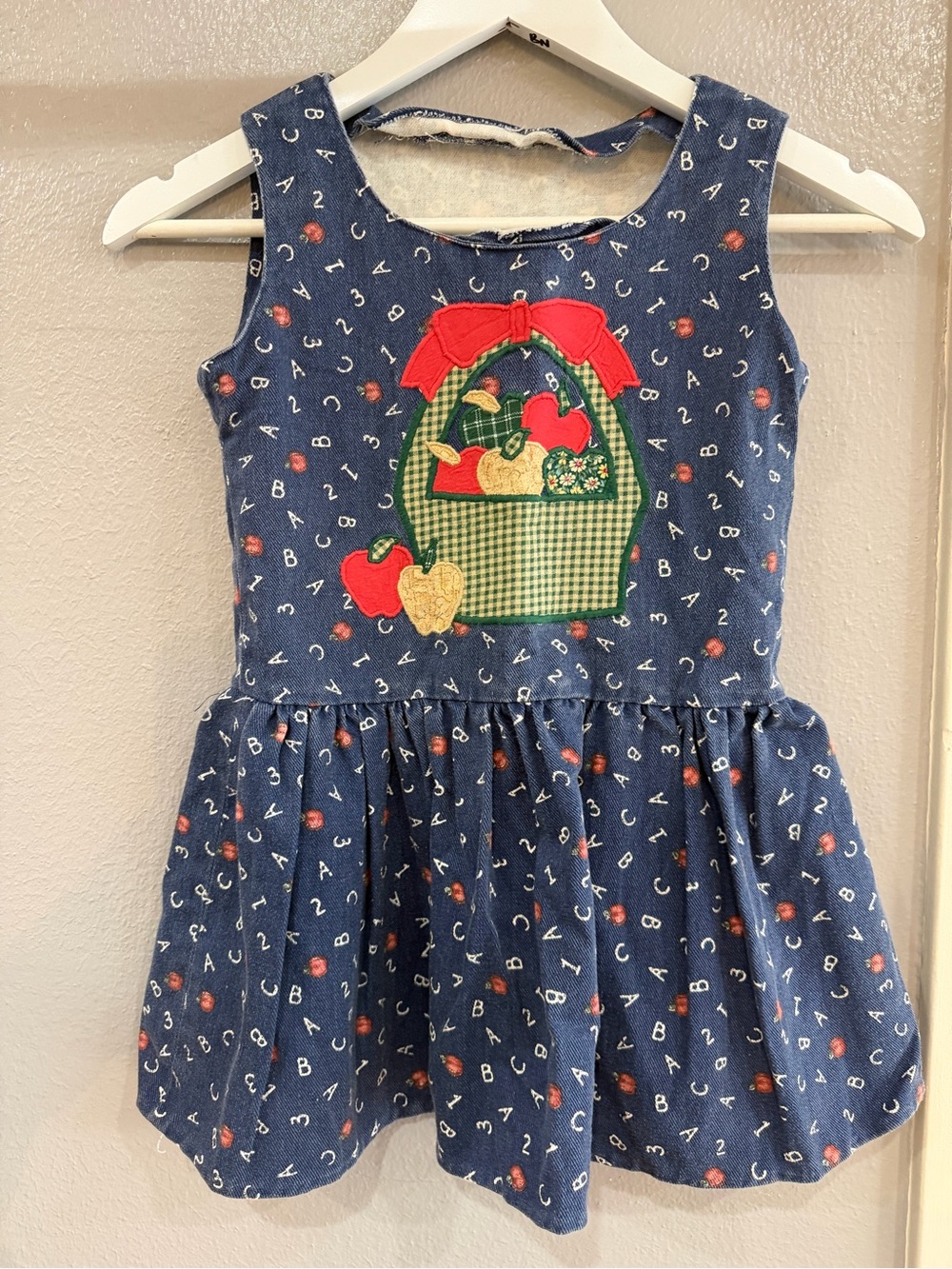 Girls Navy Apple Basket Appliqué Dress